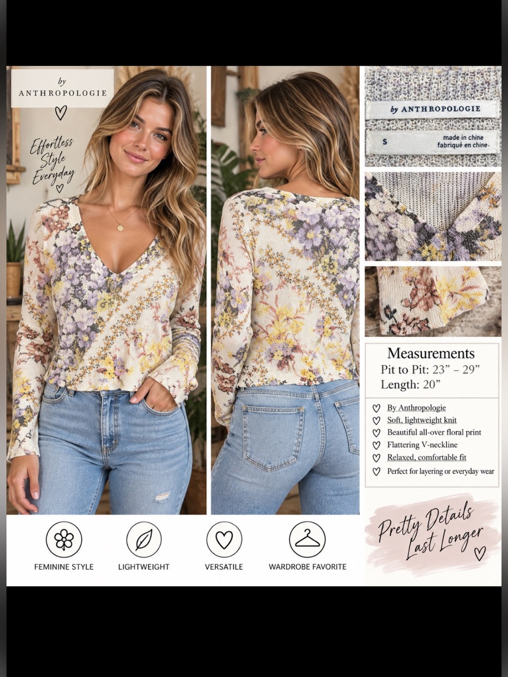 Anthropologie Floral V-Neck Long-Sleeve Top in Cream and Lavender